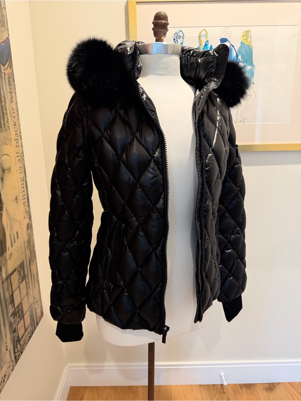 Diane Von Furstenberg Black Quilted Puffer Jacket with Removable Fur Hood